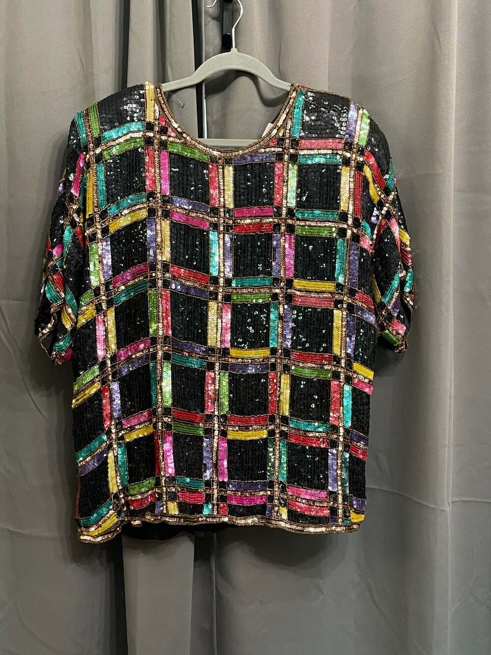 VTG Preswick & Moore Vintage 100% Silk Plaid Rainbow Sequin Beaded Top 1X